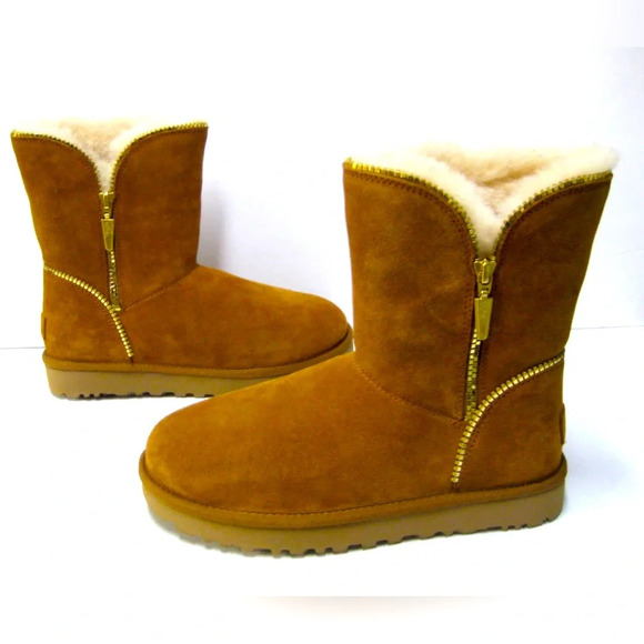 RARE UGG FLORENCE WOMEN BOOTS SUEDE CHESTNUTGold Zipper. Size 7Like New!